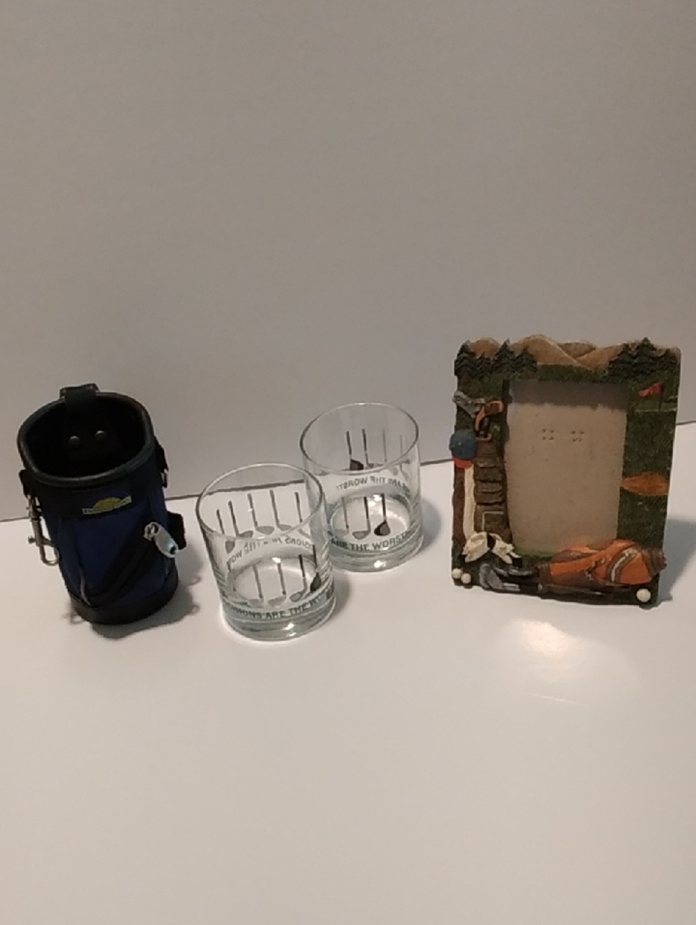Blue Leather Golf Bag Drink Cozy- 2 Golf Themed Whiskey Glasses & 3D Pic Frame